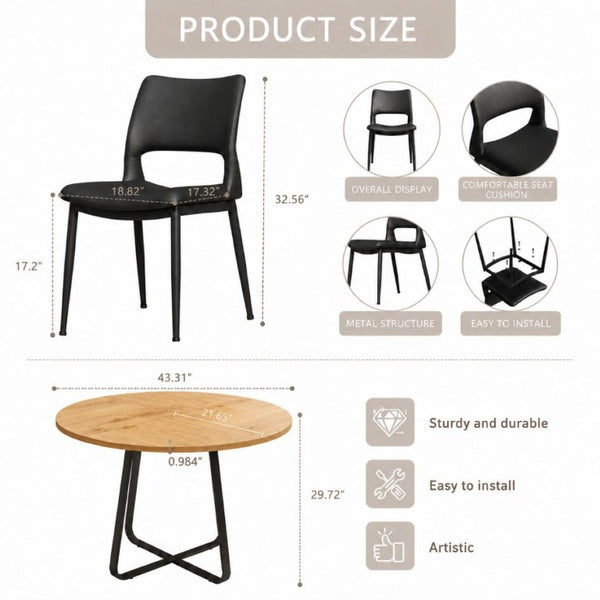 English Elm 43.3-Inch Round Dining Set Five Piece Mid-Century Table with Metal Base and PU Leather Chairs Wood Black W1727S00105