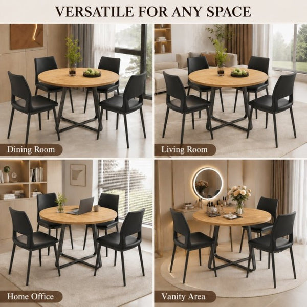 English Elm 43.3-Inch Round Dining Set Five Piece Mid-Century Table with Metal Base and PU Leather Chairs Wood Black W1727S00105