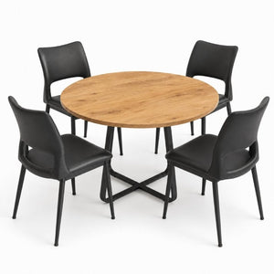 English Elm 43.3-Inch Round Dining Set Five Piece Mid-Century Table with Metal Base and PU Leather Chairs Wood Black W1727S00105