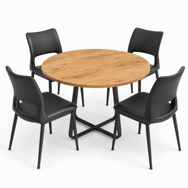 English Elm 43.3-Inch Round Dining Set Five Piece Mid-Century Table with Metal Base and PU Leather Chairs Wood Black W1727S00105