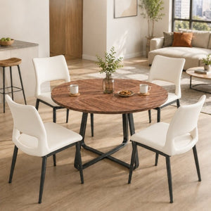 English Elm 43.3-Inch Round Dining Set Five Piece Mid-Century Table with Metal Base and PU Leather Chairs Walnut White W1727S00106