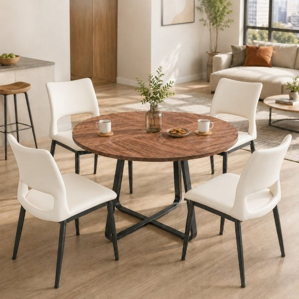 English Elm 43.3-Inch Round Dining Set Five Piece Mid-Century Table with Metal Base and PU Leather Chairs Walnut White W1727S00106