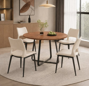 English Elm 43.3-Inch Round Dining Set Five Piece Mid-Century Table with Metal Base and PU Leather Chairs Walnut White W1727S00106