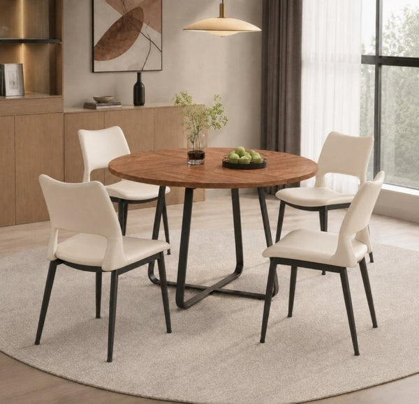 English Elm 43.3-Inch Round Dining Set Five Piece Mid-Century Table with Metal Base and PU Leather Chairs Walnut White W1727S00106