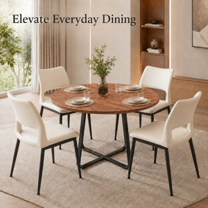 English Elm 43.3-Inch Round Dining Set Five Piece Mid-Century Table with Metal Base and PU Leather Chairs Walnut White W1727S00106