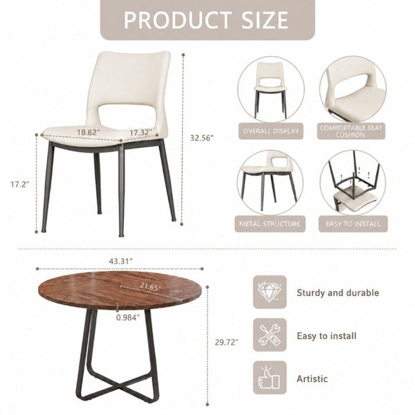 English Elm 43.3-Inch Round Dining Set Five Piece Mid-Century Table with Metal Base and PU Leather Chairs Walnut White W1727S00106