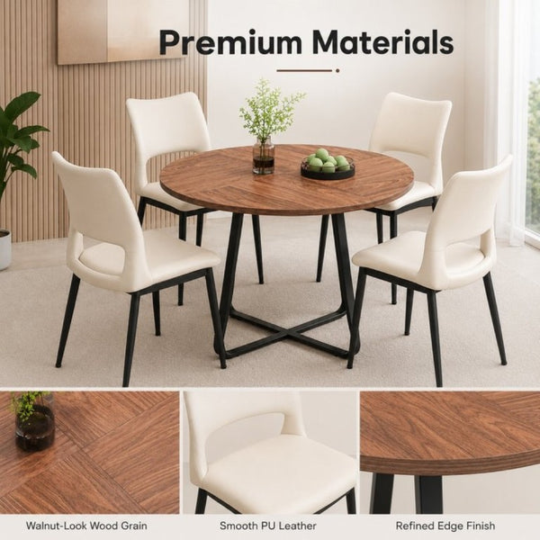 English Elm 43.3-Inch Round Dining Set Five Piece Mid-Century Table with Metal Base and PU Leather Chairs Walnut White W1727S00106