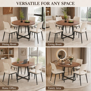 English Elm 43.3-Inch Round Dining Set Five Piece Mid-Century Table with Metal Base and PU Leather Chairs Walnut White W1727S00106