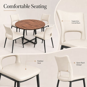 English Elm 43.3-Inch Round Dining Set Five Piece Mid-Century Table with Metal Base and PU Leather Chairs Walnut White W1727S00106
