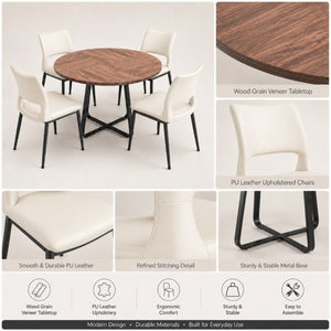 English Elm 43.3-Inch Round Dining Set Five Piece Mid-Century Table with Metal Base and PU Leather Chairs Walnut White W1727S00106