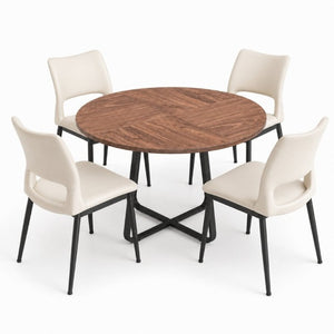 English Elm 43.3-Inch Round Dining Set Five Piece Mid-Century Table with Metal Base and PU Leather Chairs Walnut White W1727S00106