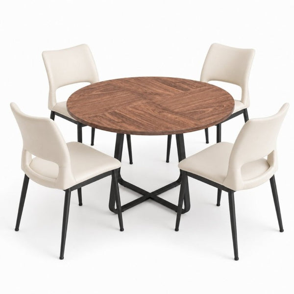 English Elm 43.3-Inch Round Dining Set Five Piece Mid-Century Table with Metal Base and PU Leather Chairs Walnut White W1727S00106
