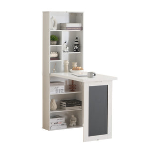 English Elm Fold-out Murphy Wall Desk Cabinet with Chalkboard Panel and Shelves for Small Spaces Ancient White W1733P309480
