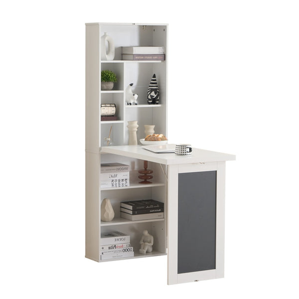 English Elm Fold-out Murphy Wall Desk Cabinet with Chalkboard Panel and Shelves for Small Spaces Ancient White W1733P309480