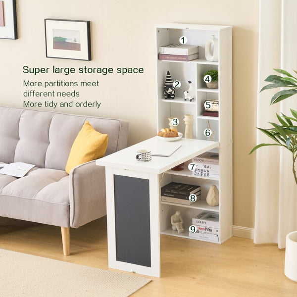 English Elm Fold-out Murphy Wall Desk Cabinet with Chalkboard Panel and Shelves for Small Spaces Ancient White W1733P309480