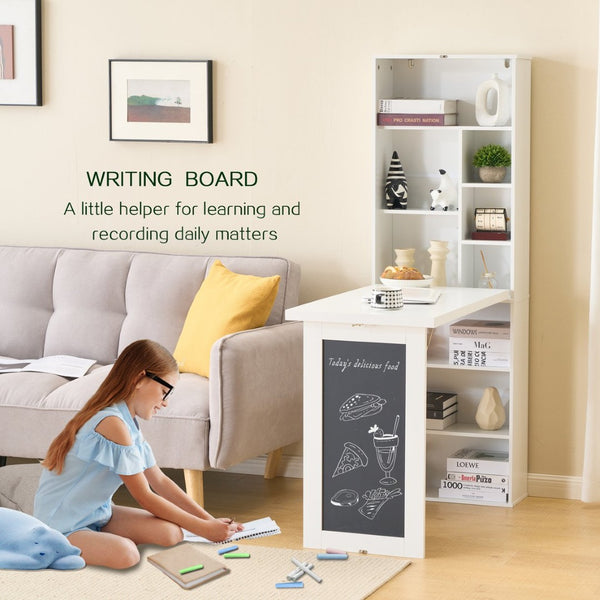 English Elm Fold-out Murphy Wall Desk Cabinet with Chalkboard Panel and Shelves for Small Spaces Ancient White W1733P309480