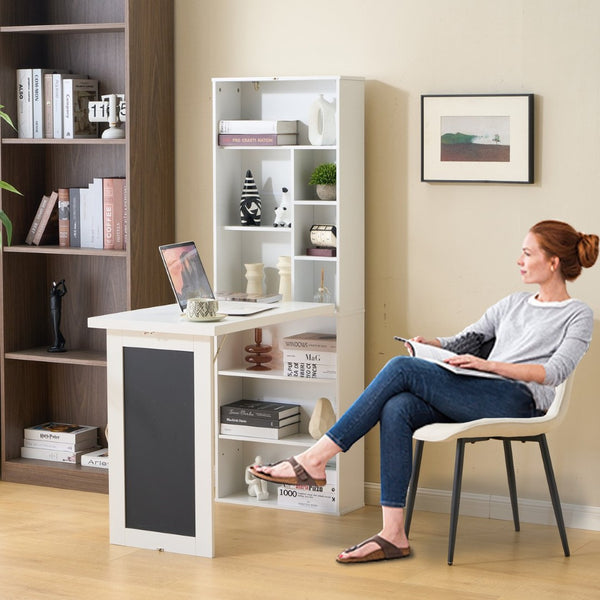 English Elm Fold-out Murphy Wall Desk Cabinet with Chalkboard Panel and Shelves for Small Spaces Ancient White W1733P309480