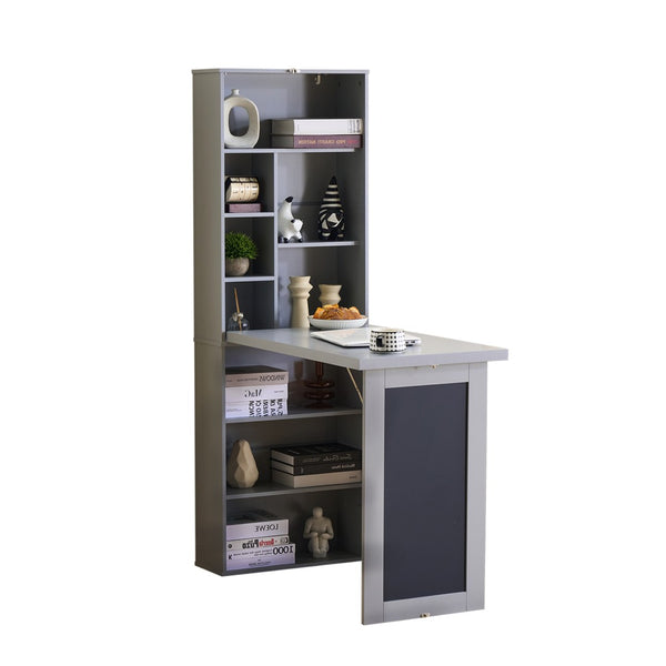 English Elm Fold-out Murphy Wall Desk Cabinet with Chalkboard Panel and Shelves for Small Spaces Antique Grey W1733P309483