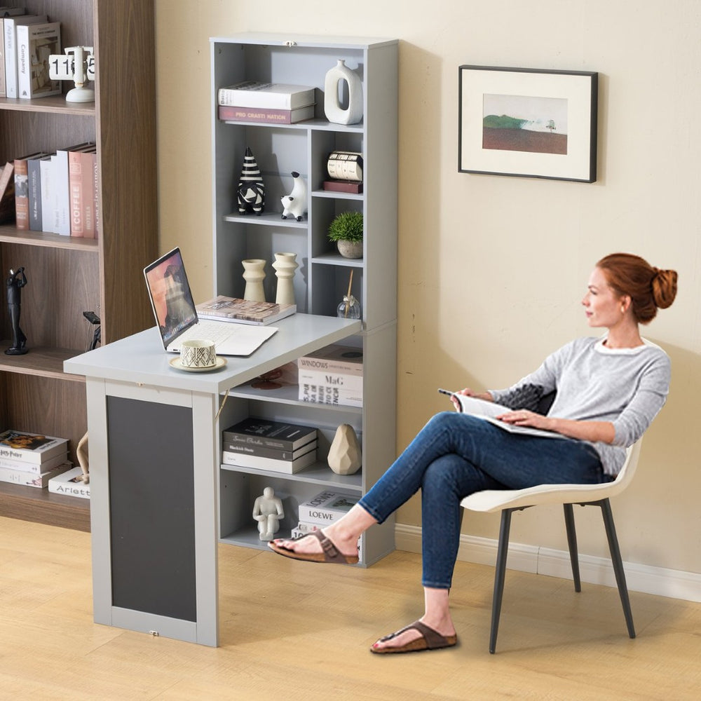 English Elm Fold-out Murphy Wall Desk Cabinet with Chalkboard Panel and Shelves for Small Spaces Antique Grey W1733P309483