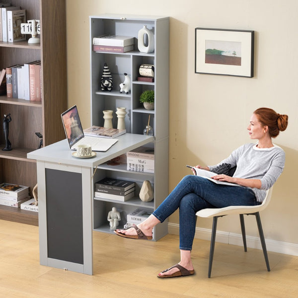 English Elm Fold-out Murphy Wall Desk Cabinet with Chalkboard Panel and Shelves for Small Spaces Antique Grey W1733P309483