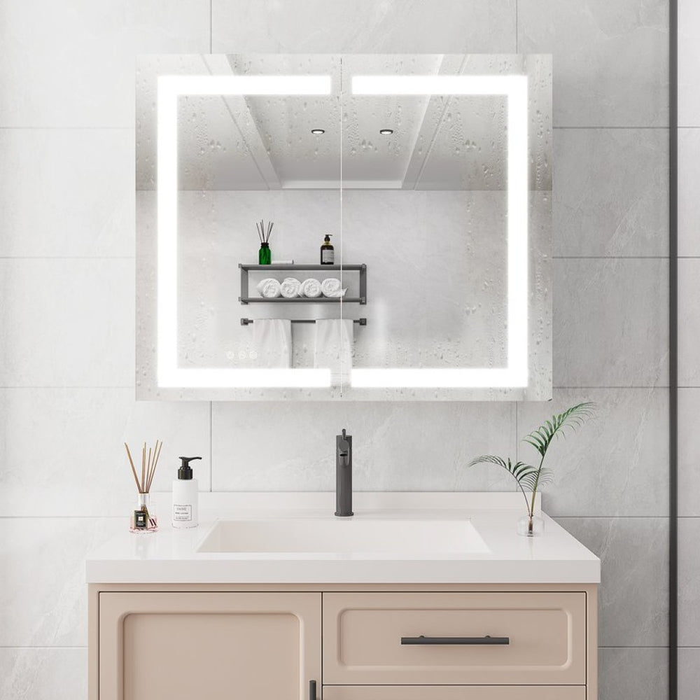 English Elm 36 Inch Aluminum LED Lighted Medicine Cabinet Dimmable Anti-Fog Double Door Bathroom Mirror W1738100837