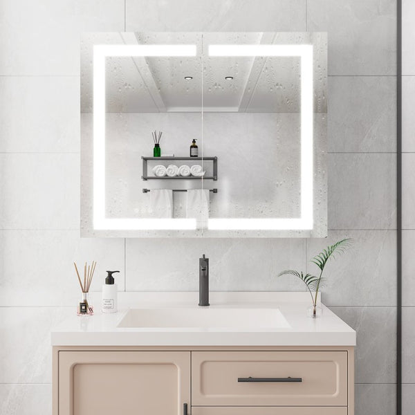 English Elm 36 Inch Aluminum LED Lighted Medicine Cabinet Dimmable Anti-Fog Double Door Bathroom Mirror W1738100837