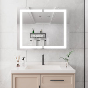 English Elm 36 Inch Aluminum LED Lighted Medicine Cabinet Dimmable Anti-Fog Double Door Bathroom Mirror W1738100837