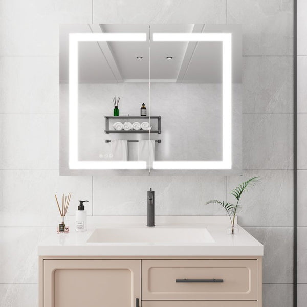 English Elm 36 Inch Aluminum LED Lighted Medicine Cabinet Dimmable Anti-Fog Double Door Bathroom Mirror W1738100837