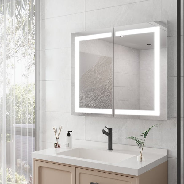 English Elm 36 Inch Aluminum LED Lighted Medicine Cabinet Dimmable Anti-Fog Double Door Bathroom Mirror W1738100837