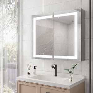 English Elm 36 Inch Aluminum LED Lighted Medicine Cabinet Dimmable Anti-Fog Double Door Bathroom Mirror W1738100837