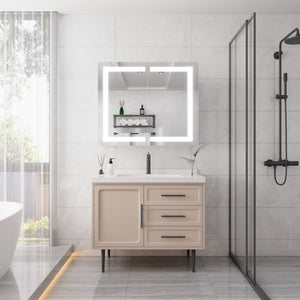 English Elm 36 Inch Aluminum LED Lighted Medicine Cabinet Dimmable Anti-Fog Double Door Bathroom Mirror W1738100837