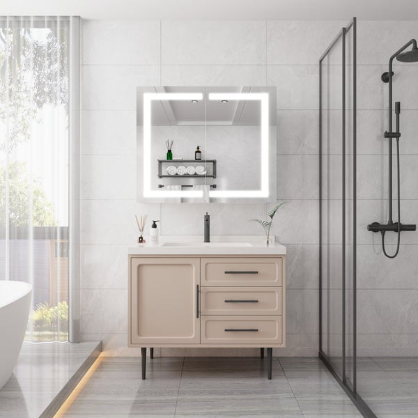 English Elm 36 Inch Aluminum LED Lighted Medicine Cabinet Dimmable Anti-Fog Double Door Bathroom Mirror W1738100837