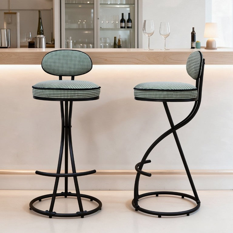 English Elm Green Gingham Upholstered Barstools Set of 2 with S-Curve Black Metal Frame W1757P562645