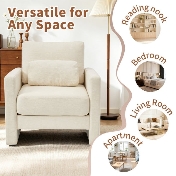 English Elm Modern Chenille Armchair Solid Wood Frame Hidden Storage Lumbar Pillow Living Room Seat Beige W1765P172322