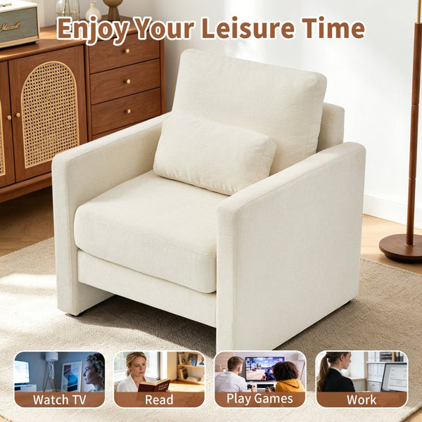 English Elm Modern Chenille Armchair Solid Wood Frame Hidden Storage Lumbar Pillow Living Room Seat Beige W1765P172322