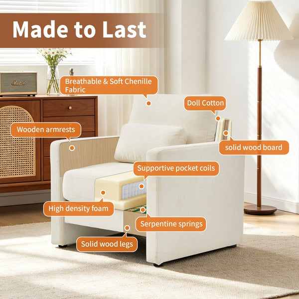 English Elm Modern Chenille Armchair Solid Wood Frame Hidden Storage Lumbar Pillow Living Room Seat Beige W1765P172322