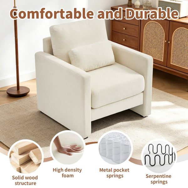 English Elm Modern Chenille Armchair Solid Wood Frame Hidden Storage Lumbar Pillow Living Room Seat Beige W1765P172322