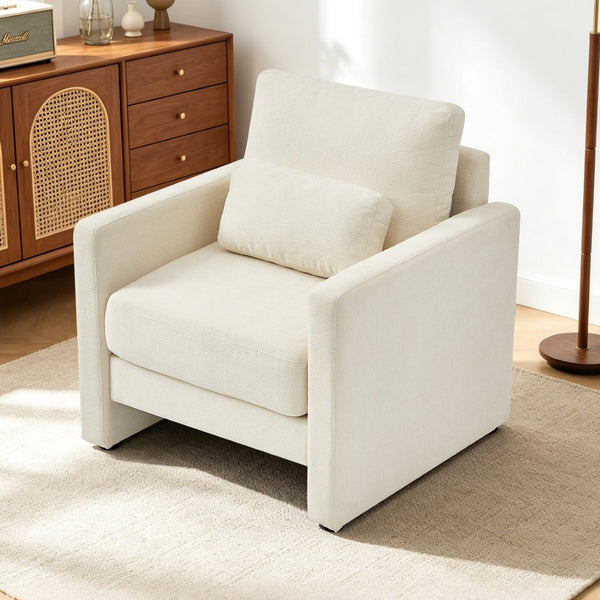 English Elm Modern Chenille Armchair Solid Wood Frame Hidden Storage Lumbar Pillow Living Room Seat Beige W1765P172322