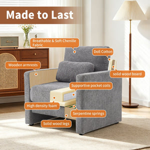 English Elm Modern Chenille Armchair Solid Wood Frame Hidden Storage Lumbar Pillow Living Room Seat Gray W1765P172326