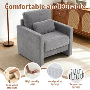 English Elm Modern Chenille Armchair Solid Wood Frame Hidden Storage Lumbar Pillow Living Room Seat Gray W1765P172326