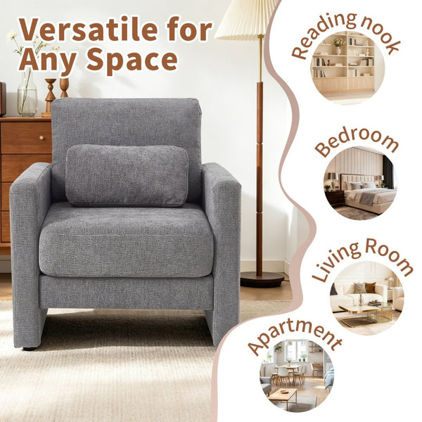 English Elm Modern Chenille Armchair Solid Wood Frame Hidden Storage Lumbar Pillow Living Room Seat Gray W1765P172326