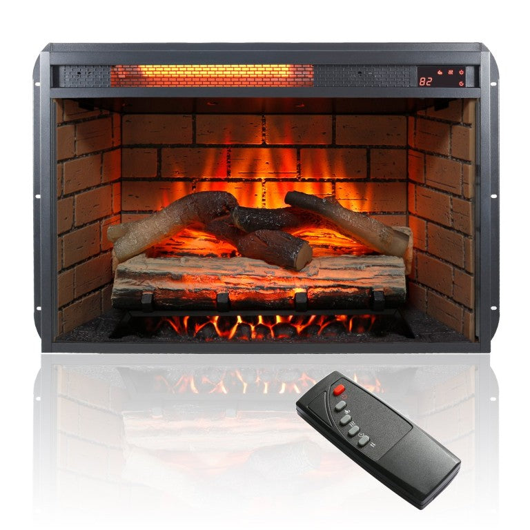 English Elm 26 Inch Infrared Quartz Fireplace Insert with Wood Log Bed and Side Glass Panels Antique Black Tempered Glass+Sheet Metal+Plastic 27.24 L x 8.19 W x 18.07 H W1769109426
