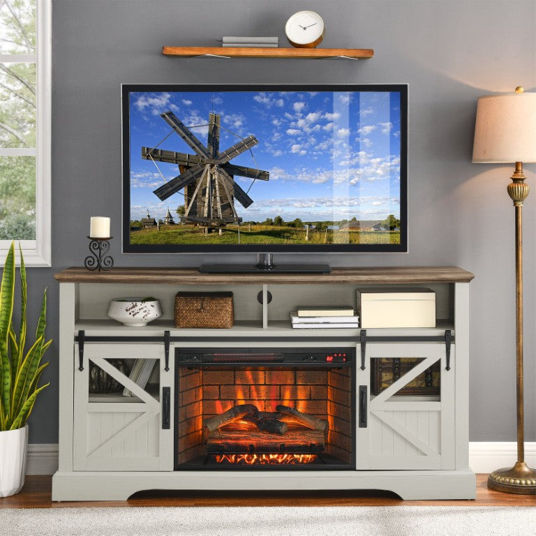 English Elm 60 Inch Electric Fireplace TV Stand Farmhouse White with Adjustable Flame Storage W1769111139