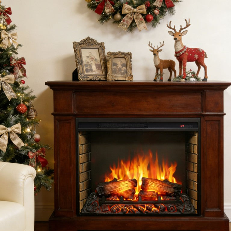 English Elm 28 Inch Slim Electric Fireplace Insert with Realistic Log Flame and Remote Timer W1769P430699