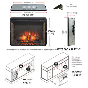 English Elm 28 Inch Slim Electric Fireplace Insert with Realistic Log Flame and Remote Timer W1769P430699