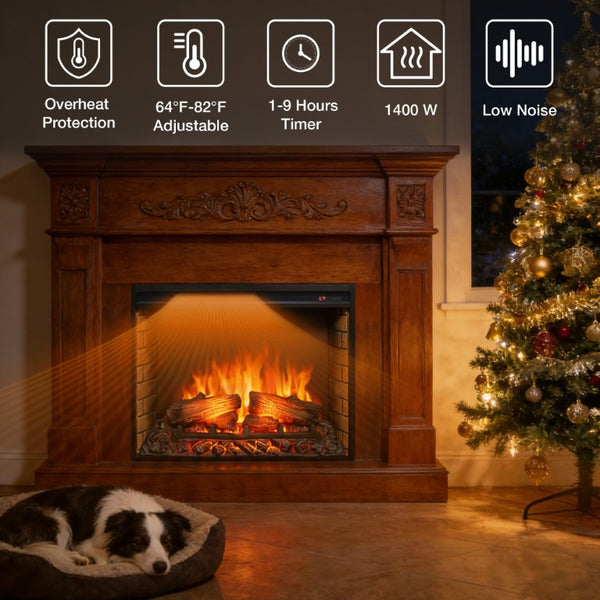 English Elm 28 Inch Slim Electric Fireplace Insert with Realistic Log Flame and Remote Timer W1769P430699