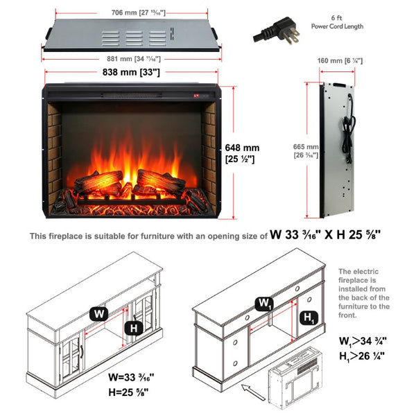 English Elm 33 Inch Slim Electric Fireplace Insert with Realistic Log Flame and Built in Heater W1769P430700