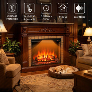 English Elm 33 Inch Slim Electric Fireplace Insert with Realistic Log Flame and Built in Heater W1769P430700