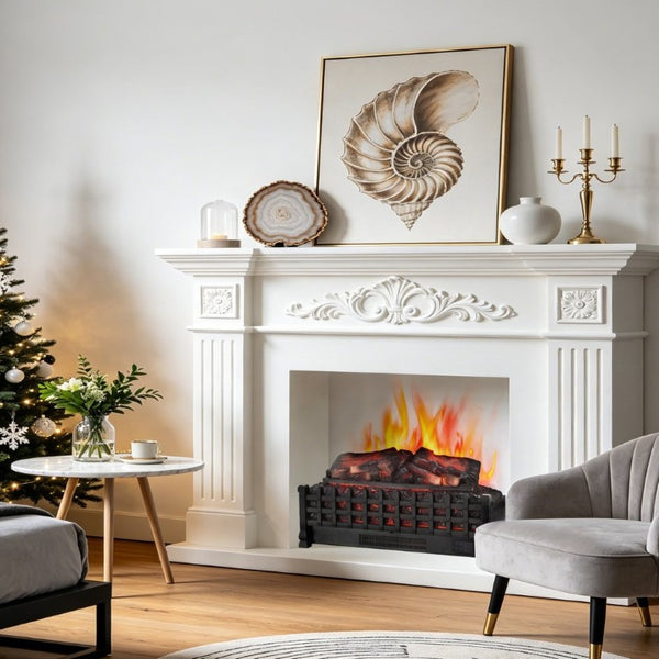 English Elm 26 Inch Freestanding Electric Fireplace Insert with 3D Log Flame and Wood Trim W1769P456005