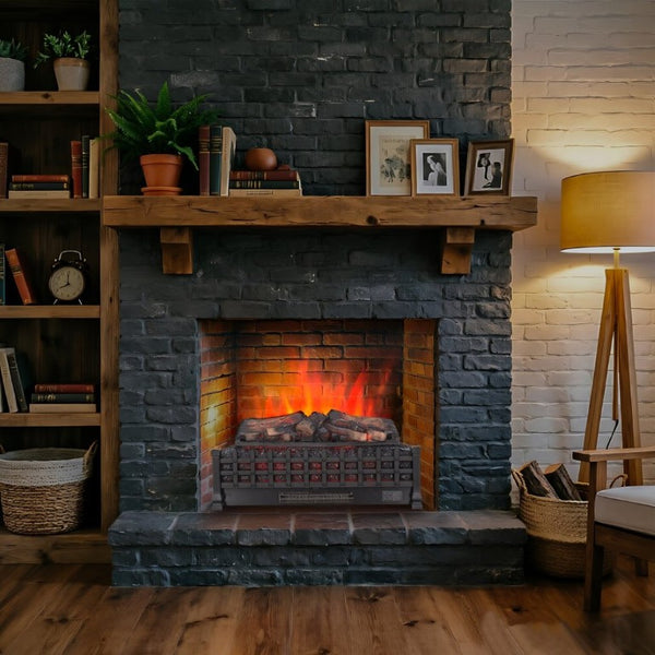English Elm 26 Inch Freestanding Electric Fireplace Insert with 3D Log Flame and Wood Trim W1769P456005